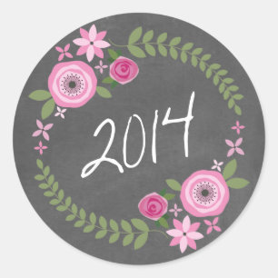 Chalkboard geïnspireerd roze Floral Wreath 2014 A Ronde Sticker