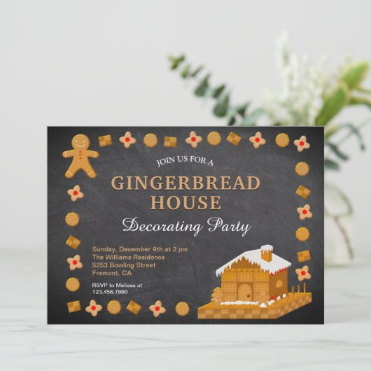 Chalkboard Gingerbrood House Decorting Party Kaart (Staand voorkant)