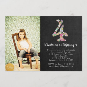 Chalkboard Girls 4th Birthday Party Invitation Kaart