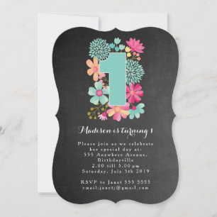 Chalkboard Girls Floral 1st Birthday Party Invite Kaart