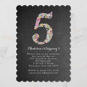 Chalkboard Girls Floral 5th Birthday Party Invite Kaart