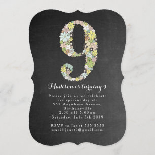 Chalkboard Girls Floral 9th Birthday Party Invite Kaart
