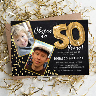 Chalkboard Gold Balloons 2 Foto 50th Birthday Kaart