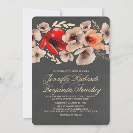 Chalkboard Gold Floral Rustic Wedding Kaart (Voorkant)