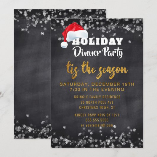 Chalkboard Gold Holiday Dinner Party Uitnodiging (Voorkant / Achterkant)