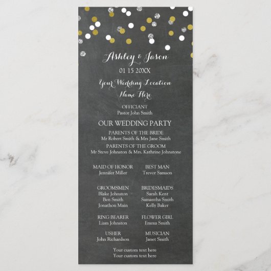 Chalkboard Gold Silver Confetti Wedding Program Programma (Achterkant)