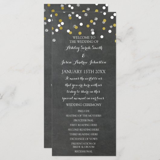 Chalkboard Gold Silver Confetti Wedding Program Programma (Voorkant / Achterkant)