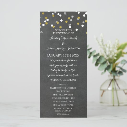 Chalkboard Gold Silver Confetti Wedding Program Programma (Staand voorkant)