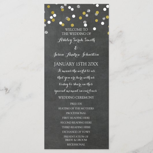 Chalkboard Gold Silver Confetti Wedding Programme (Devant)