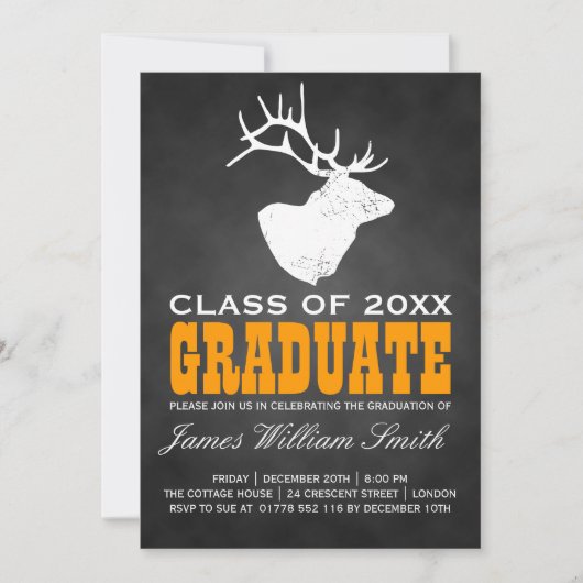 Chalkboard Graduation Party Deer Black Sinaasappel Kaart (Voorkant)