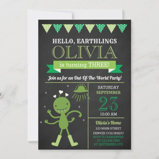 Chalkboard Green Alien Invitation de fête d'annive (Devant)