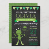 Chalkboard Green Alien Invitation de fête d'annive (Devant / Derrière)