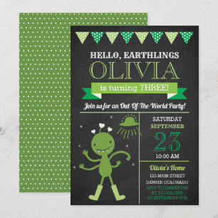 Chalkboard Green Alien Invitation de fête d'annive