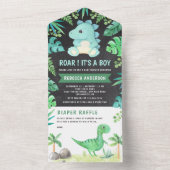 Chalkboard Greenery Cute Blauwgroen Dinosaur Baby  All In One Uitnodiging (Binnen)