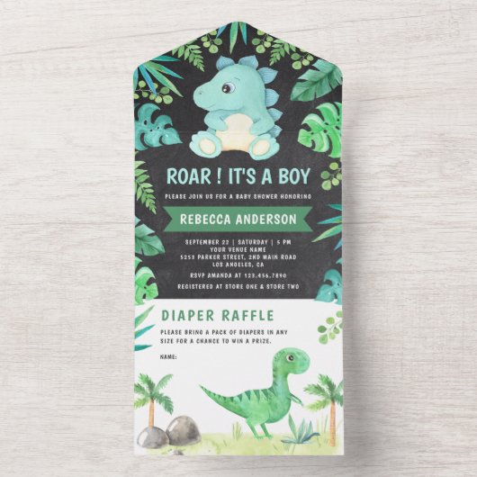 Chalkboard Greenery Cute Blauwgroen Dinosaur Baby  All In One Uitnodiging (Binnen)