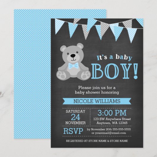 Chalkboard Grey Teddy Bear Boy Baby shower Kaart (Voorkant / Achterkant)