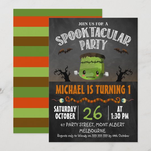 Chalkboard Halloween Frankenstein Verjaardag Kaart (Voorkant / Achterkant)