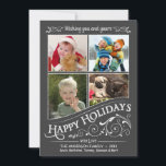 Chalkboard Happy Holidays Carte Plat 4-Photo<br><div class="desc">Vitre givrée Noël Cartes de voeux plates de Noël avec quatre cadres photo. Chalet de style rétro amusant et festif sur arrière - plan noir-gris traditionnel avec des rouleaux de saint fantaisie et élégante calligraphie typographique rustique. Cliquez sur Customiser pour ajuster le cadre intérieur pour des photos de différentes tailles...</div>