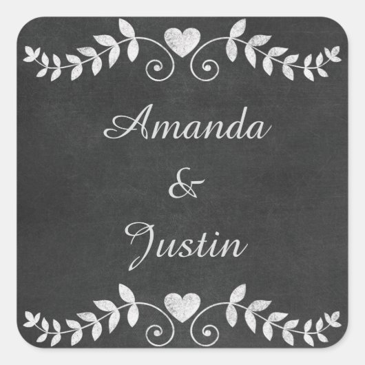 Chalkboard Heart Wedding gepersonaliseerd Vierkante Sticker (Voorkant)