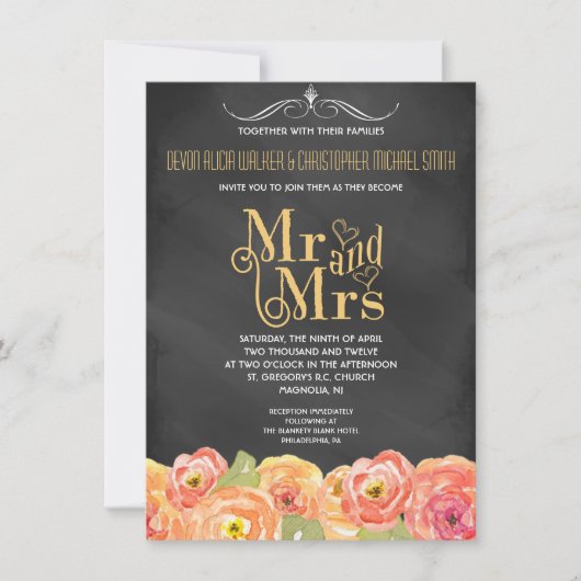 Chalkboard Herfst Floral Waterverf Wedding Invite Kaart (Voorkant)