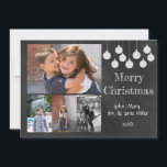 Chalkboard Holiday Carte photo<br><div class="desc">Conception de tableau de bord avec des ornements blancs cramés et Joyeux Noël. Ajoutez quatre photos de famille et votre nom et votre date. Photographie de famille © Storytree Studios,  Stanford,  CA</div>