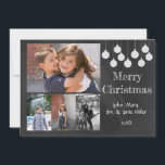 Chalkboard Holiday Carte photo<br><div class="desc">Conception de tableau de bord avec des ornements blancs cramés et Joyeux Noël. Ajoutez quatre photos de famille et votre nom et votre date. Photographie de famille © Storytree Studios,  Stanford,  CA</div>