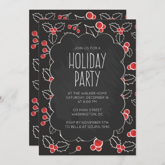Chalkboard Holly Berries Fête Invitation (Devant / Derrière)
