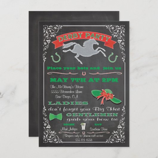Chalkboard Horse Racing Derby Party uitnodiging (Voorkant / Achterkant)