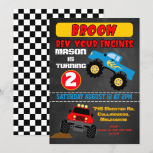 Chalkboard jongens monster trucks verjaardag uitno kaart