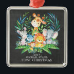 Chalkboard Jungle Baby's First Christmas Ornament<br><div class="desc">De mignons animaux de safari pour un bébé garçons ou filles premier Noël. Notre jolie scène de jungle présente une girafe,  singe,  éléphant,  zèbre,  hippo & lion. Objets correspondants disponibles dans notre boutique.</div>