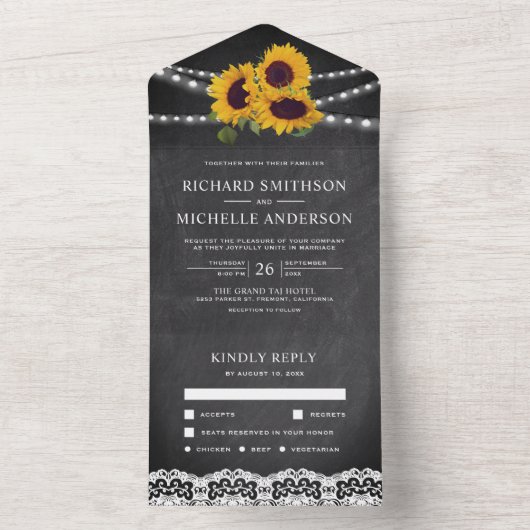 Chalkboard Lace String Lights Sunflower Wedding All In One Uitnodiging (Binnen)