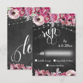 Chalkboard, lampjes, kalligrafiroze bloemen RSVP Kaartje (Voorkant / Achterkant)