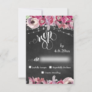 Chalkboard, lampjes, kalligrafiroze bloemen RSVP Kaartje