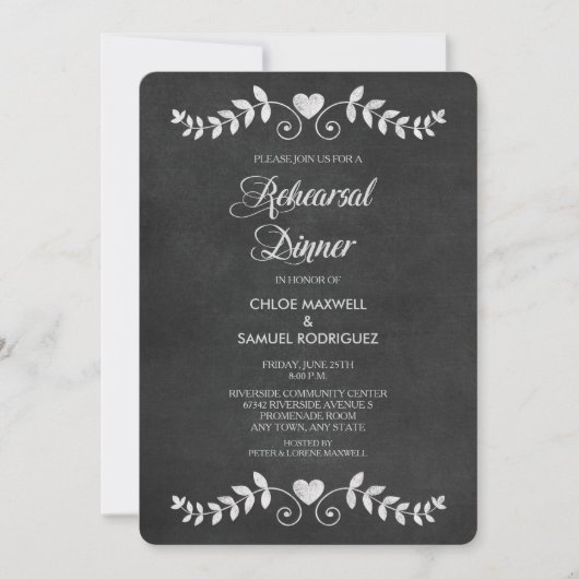 Chalkboard Laurel Leaf Rehearsal Dinner Invitation Kaart (Voorkant)