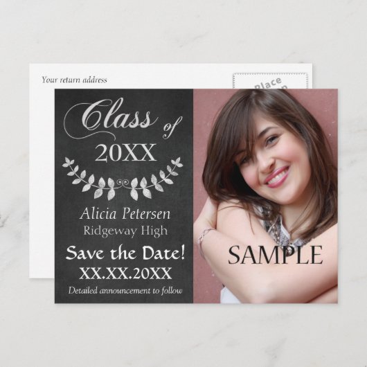 Chalkboard Laurel Leaf Save the Date Afstuderen Aankondigingskaart (Voorkant / Achterkant)