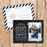 Chalkboard Letters Carte photo de vacances<br><div class="desc">Des cartes postales de vacances imprimées sur mesure et abordables avec des modèles simples pour la personnalisation. Ce design amusant présente une jolie typographie de style lettré à la main sur un faux arrière - plan de tableau noir avec ruban lavi rayé aqua autour de votre photo. Le texte dit...</div>