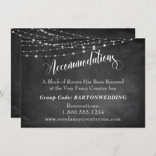 Chalkboard & Light Strings Wedding Accommodations Informatiekaartje (Voorkant / Achterkant)