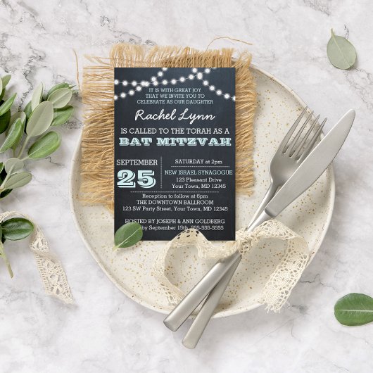 Chalkboard Lights Aqua Bat mitzvah Invitation