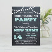 Chalkboard Lights Aqua Housewarming Uitnodigingen (Staand voorkant)