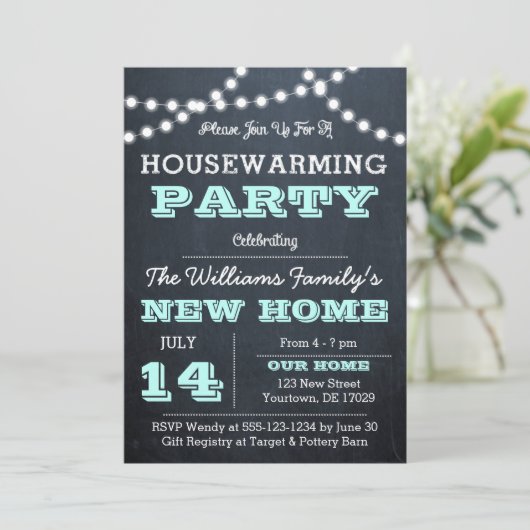 Chalkboard Lights Aqua Housewarming Uitnodigingen (Staand voorkant)