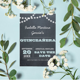 Chalkboard Lights Aqua Quinceañera Bewaar de datum Aankondigingskaart
