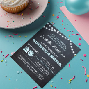 Chalkboard Lights Aqua Quinceañera Uitnodiging