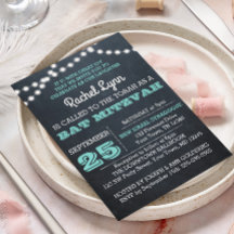 Chalkboard Lights Blauwgroen Bat Mitzvah Invitatio