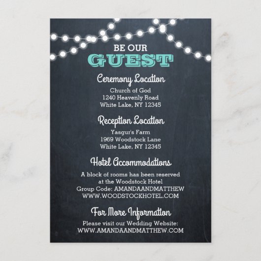 Chalkboard Lights Blauwgroen Bruiloft Informatie K Informatiekaartje (Voorkant)