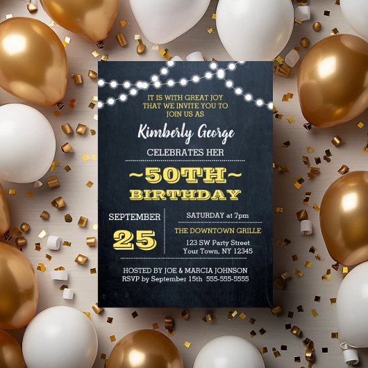 Chalkboard Lights Gold 50th Birthday Invitation