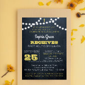 Chalkboard Lights Gold First Communion Invitation