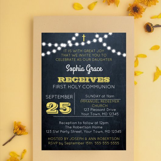 Chalkboard Lights Gold First Communion Invitation