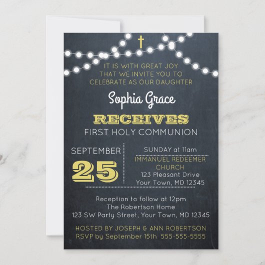Chalkboard Lights Gold First Communion Invitation (Devant)