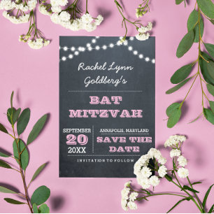 Chalkboard Lights Pink Bat Mitzvah Save the Date Aankondigingskaart