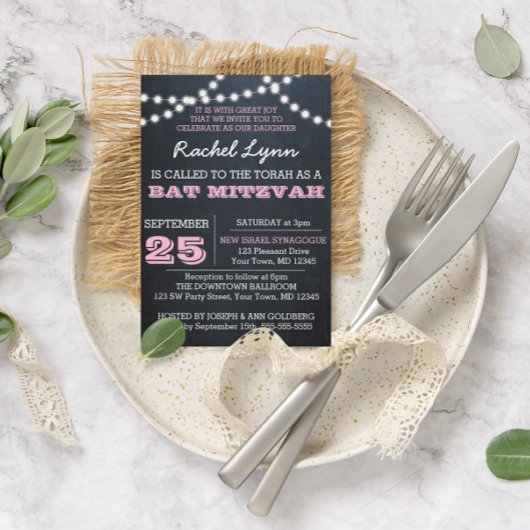 Chalkboard Lights Roze Bat Mitzvah Uitnodiging